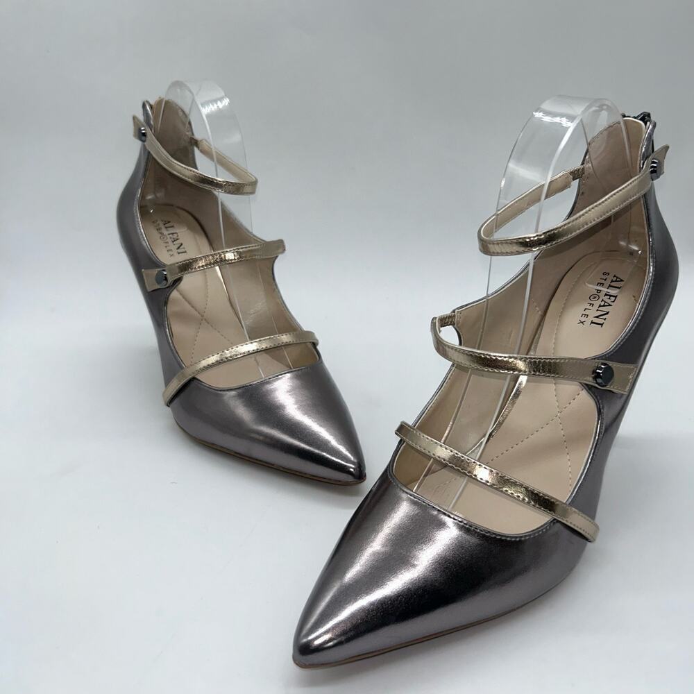 Alfani Step N Flex Heels Womens 10M Dark Pewter Gold Straps Siennahp Pumps‎ NEW